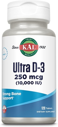 [BRSWIGYHOIDB62Q3] KAL Ultra Vitamina D3 10000 UI 250 mcg, Comprimate de vitamina D de înaltă potenţă, Absorbţie de calciu, Sănătate osoasă şi Suplimentul de sprijin imun, Dezintegrare rapidă D-3 ActivTabs, 120 Serviri, 120 comprimate