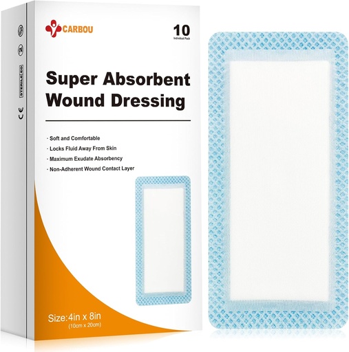 [BRSROAY3OUDQOD34] Carbou Super Απορροφητικό Πληγές Dressing Pads 4"x 8", 10 Ατομικό πακέτο, Μη Αυτοκόλλητες Απορροφητικές Επιδέσμες για Φροντίδα Τραυμάτων, Μαλακό Πολύ Απορροφητικό Dressing, Μη Stick Gauze Pads για Τραύματα