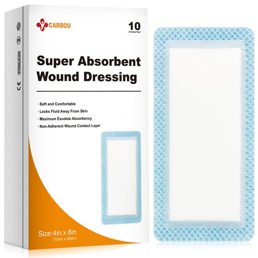 [BRSROAY3OUDQOD34] Carbou Super Absorbent Wound Dressing Pads 4"x 8", 10 Individual Pack, Non Adhesive Absorbent Bandages for Wound Care, Soft Highly Absorbent Dressing, Non Stick Gauze Pads for Wounds