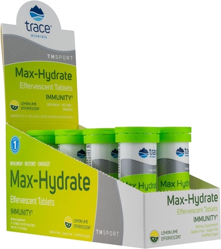 [BRSWGEIBAQIWACAU] Trace Minerals Max-Hydrate Immunity - Electrolyte Drink Supplement for Immune Health & Hydration Support - Vitality Supplement to Aid Muscle Cramp Relief - Lemon Lime, 8 Containers (80 Servings)