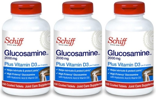 [BRSWIGQIPNYAGYLK] Schiff Glucosamine 2000mg with Vitamin D3 and Hyaluronic Acid, 150 Tablets - Joint Supplement (Pack of 3)