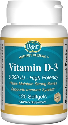 [BRSWKHD2AIOGOFLD] Baar Vitamin D-3 Softgels, 5000 IU, 120 Softgels