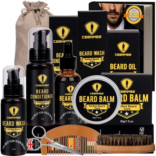 [BRSWGCDYDJYWE2Y7] Ceenwes Upgraded Beard Grooming Kit - Acondicionador, Aceite, Cepillo, Comb, Balm, Tijeras, Bolsa de almacenamiento para la barba y el bigote Trimming, Perfect Men's Gift