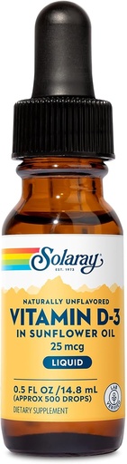 [BRSWIZTQPMFGOCY7] SOLARAY Vitamin D3 Liquid Drops 25 mcg (1000 IE) - Förbättrad Absorption Vitamin D Drops i Sunflower Oil för VIT D3 Support - Naturligt Unflavored, Dropper Inkluderad - Cirka. 500 portioner, 0,5oz