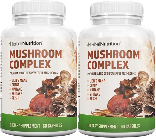 [BRSROAI6CINRGYI6] Herbal Nutrition Mushroom Complex 700mg to 1400mg. The 5 Most Powerful Mushrooms - Lions Mane, Reishi, Chaga, Maitake, Shiitake - Supports Immune Health, Nootropic Brain Health for Memory & Focus