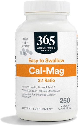 [BRSWGZQCBMJRYDLZ] 365 by Whole Foods Market, Cal-Mag 2:1 Ratio, Easy-to-Swallow Vegan Capsules, 250 Count