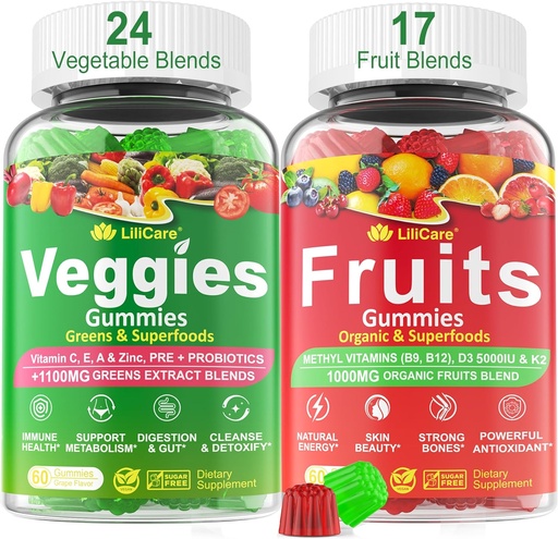 [BRSRAHA2AQNB4F33] Sugar-Free Fruits and Veggies Gummies w/D3K2, B9, B12, Magnesium, 41+ Natural Superfood Fruits and Vegetables Supplement for Digestive & Gut Support, Energy, Nutrient Balance,Antioxidant Non-GMO 2pack