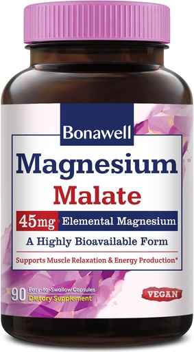 [BRSRMFA6OUJROHTB] Bonawell Manesium Malate, Bonded to Malic acid, High Absorption, 45mg yếu tố Magnesium, cơ thể thư giãn và sản xuất năng lượng, Easy-to-Swallow Caps, no Gluten & Dairy, Vegan & Non-GMO, 90 CN