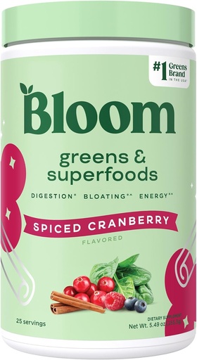 [BRSRAAL3CQPAIDL3] Bloom Nutrition Superfood Greens Powder, Digestive Enzymes with Probiotics and Prebiotics, Gut Health, Bloating Relief for Women, Chlorella, Green Juice Mix with Beet Root, 25 SVG, Spiced Cranberry