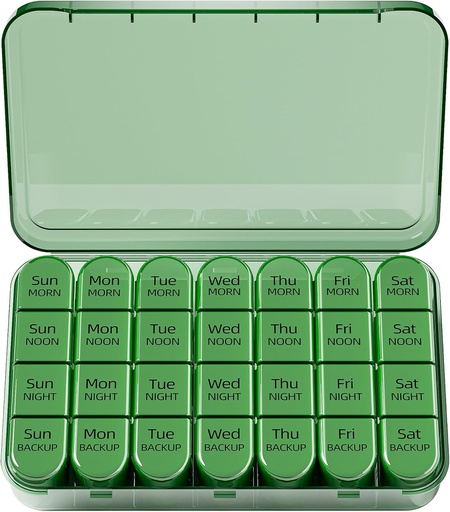 [BRSROYIFAECRUHY4] Odaro Weekly Pill Organizer 4 times a day, Daily Pill Box 7 Day, Large Travel Pill Case 28 Compartment to Hold Medicine, Vitamin and Supplement - Full Olive