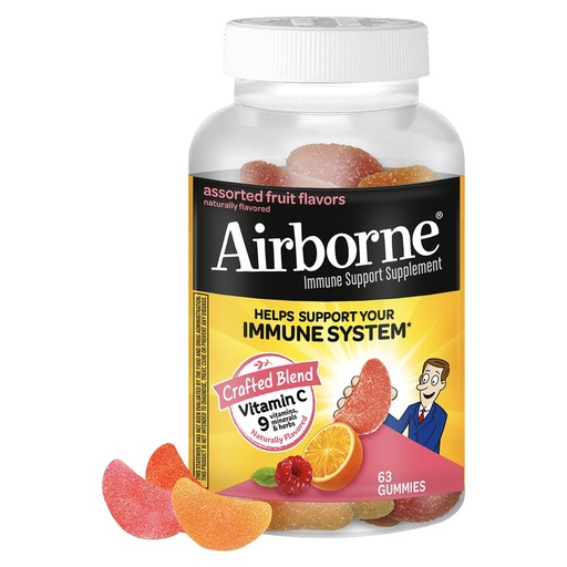[BRSWKFAKOEGAIFLG] Airborne Immune Support Gummies, Assorted Fruit Flavor, 63 Ct - 750 mg Vitamin C + Vitamins A, D & E + Zinc, Selenium, and Manganese | with Herbal Blend | Naturally Flavored