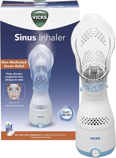 [BRSWGZYPDIPQEH3F] Vicks Sinus Inhaler - Non-Medicated Steam Relief for Allergies, Congestion, Cough " Colds, Vocal Steamer, Soothes Nasal " Throat Passages, Works with VapoPads (1 Includeds)