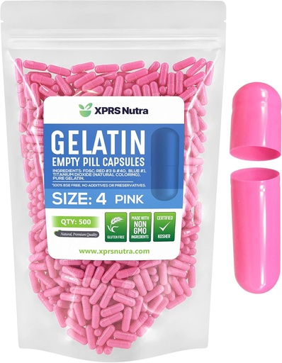 [BRSWY2QLAUAQA333] XPRS Ntra mida 4 buida Capsules - 500 el comte buit Gelatin Capsules - Pilal Gell Glops - DIY Capsule Omplent - Pur Bovine Piell Gel Caps (Pink)