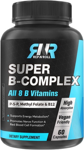[BRSRMH34DEBQO3LB] Super B Complex, 8 Bioactive B Vitamins, with Methyl Folate, Methyl B12, P-5-P (Vitamin B6), D-Biotin, Niacinamide, High Absorption, Non GMO, Energy Production Support, 60 Vegan Caps