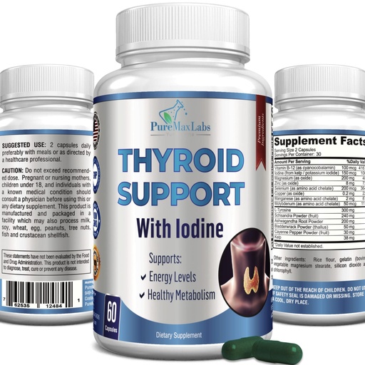[BRSW2AIEDMGQ4C3A] Thyroid Support with Iodine - Metabolism Booster, Energy Booster, Increase Focus - Premium Non-GMO Thyroid Supplement 60 Capsules