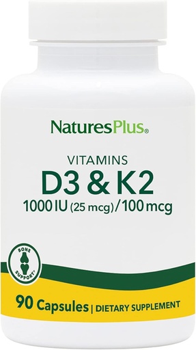 [BRSWIYQQCEMAOCLM] NaturesPlus Vitamins D3 (1000 NE) & K2 (100 µg) - Vegetáriánus, Gluten Free - 90 kapszula, 90 adag