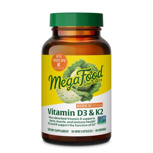 [BRSWYGQZBAHBUYL7] MegaFood Vitamin D3 5000 IU (125 mcg) - Vegetarian Supplements with Vitamin D3 K2 - Supports Bones, Teeth, Muscles & Immune Health - Certified Non-GMO - 60 Mini Capsules, 60 Servings