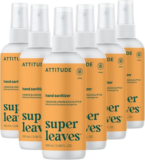[BRSW2ZQROECWA3TV] ATTITUDE Hand Sanitizer Spray, EWG Verified, Kills Germs & Bacteria, Vegan & Plant-Based, Safe for Adults & Kids, Orange Blossom & Eucalyptus Scent, 3.38 Fl Oz (Pack of 6) (Spray Bottle)