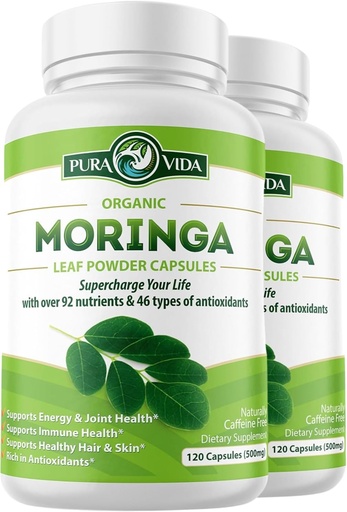 [BRSRMBI7B4GWMYL5] PURA VIDA MORINGA Kapsułki Pojedyncze Pochodzenie Organiczny Moringa Proszek. Moringa Liść. Energia, Metabolizm, & Wsparcie immunologiczne. 120ct. 500mg Czapki. (Opakowanie 2)