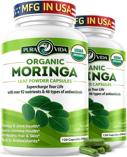 [BRSRMBI7B4GWMYL5] PURA VIDA MORINGA Organic Moringa Capsules Single Origin Moringa Powder Organic. Pure Moringa Leaf. Energy, Metabolism, & Immune Support. 120ct. 500mg Caps (Pack of 2)