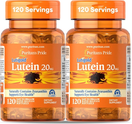 [BRSW2CYECUBQMDLF] Puritan's Pride Premium Lutigold Lutein Caroténoïde 20mg avec Zeaxanthin pour les hommes et les femmes, complément alimentaire pour le soutien de la santé des yeux, 8 mois d'approvisionnement, 120 Softgels faciles à avaler, 2 Pack
