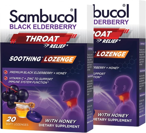[BRSWIGAQOMMB2GTK] Sambucol Black Elderberry Throat Lozenge - with Honey, Vitamin C & Zinc, Elderberry Lozenges Sore Throat & Cough, Soothes Scratchy Throat, Soft & Chewy - 2 Pack (40 Total Pastilles)