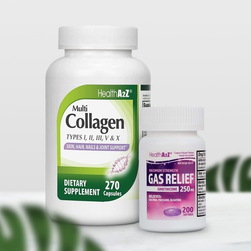 [BRSROAAOOAMBM234] HealthA2Z® Super Savings Bundle Deal - Gas Relief Simethicone 250mg (200 Softgels) & Multi Collagen Pills, 1735 mg (270 Collagen Capsules)