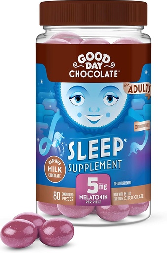 [BRSWYGTYCFYWO2Q4] Melatonina de Chocolate de Buen Día para Adultos [ 80 Conteo ] - Comercio Justo Chocolate de leche no GMO con manzanilla y melatonina 5 mg - Melatonina de Adulto, Suplemento de Ayuda Natural del Sueño