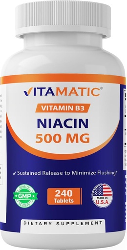[BRSRAZA3CQJRAG3J] Vitamatic Niacin (Vitamin B3) 500mg, Sustained Release, 240 Tabletten - Nicht-GMO & Glutenfrei