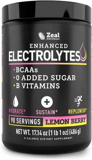 [BRSWGCQ7AAGWKFDU] Zeal Naturals Electrolyte Powder Recovery Drink (90 porcións | Lemon Berry) w 0 Sugar +BCAAs + B-Vitamins Complemento de electrólito en po de potasio zinc e magnesio para a hidratación - Keto Electrolytes