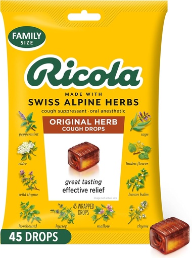 [BRSWKYAPAIGWYCDY] Ricola Original Herb Cough Drops, 45 Count, Cough Suppressant & Throat Relieving Drops with Naturally Sourced Menthol, Pleasing Herbal Taste for Coughs & Throat Irritation Symptom Relief
