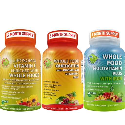 [BRSRMFDQPJ5A4C3H] Complete Daily Vitamins - Quercetin with Bromelain Supplement Bundle Up with Multivitamin Plus for Men & Women with Iron and Liposomal Vitamin C Liquid Gel - for Immune, Respiratory, Digestive Support