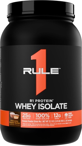 [BRSW2A37BB5WCF3D] Regra 1 R1 Protein Whey Isolate - com 25g de proteína e 6g BCAA Exclusivamente a partir de fontes isoladas e hidrolisadas para recuperação de exercícios (2 libras*, manteiga de amendoim de chocolate)