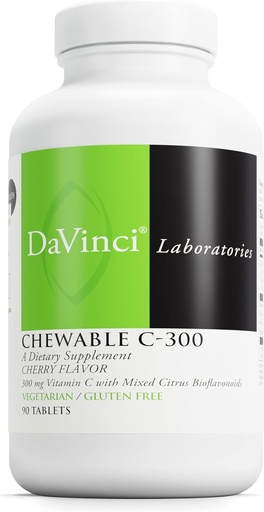 [BRSWYFALARYBY23U] DaVinci Labs mastigável C-300 - Suplemento de vitamina C para apoiar a saúde imunológica, colesterol e produção de colágeno - com vitamina C, pectina e mais - sem glúten - sabor de cereja - 90 comprimidos vegetarianos