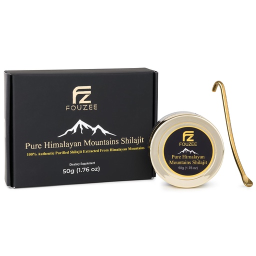 [BRSWGHYYCN7BECI2] FOUZEE ren Himalayan fjell Shilajit - 77% + Fulvic Acid Autentisk Hard Konsistens, Naturlig kilde til Fulvic Acid, Over 85 Trace Minerals, Inkluderer rustfritt stål Spoon (50 gram)