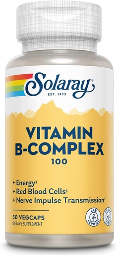 [BRSWIYT3OMAQ4AY3] SOLARAY Vitamina B Complex 100 mg, Integratore di energia sana, Formazione di globuli rossi, Supporto di Nerve & Immune, Vitamine Complesso Super B con Acido Folico, Vitamina B6, B12, Biotina & More, Vegan, 50ct