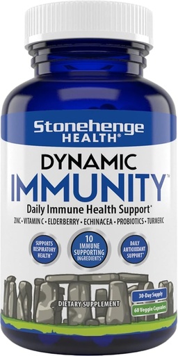 [BRSWYFIFOEHRGD32] Stonehenge Health Dynamic Immunity Dienos papildas 10- in-1 Immune Boosters Cinkas, Elderberry, Echinacea, Vitaminas C & Probiotic L. Acidophilus - Palaiko imuninę sistemą ir kvėpavimo takų sveikatą, 60 Capsules