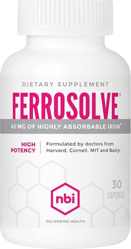 [BRSWIZ3RAIFGEDTA] NBI FerroSolve, Best Absorption Iron Supplement 45 mg | High Potency | GI Safe | 30ct Veggie Capsules
