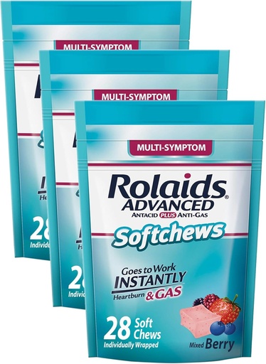 [BRSRAY35DJ4AGADF] Rolaids Advanced Antacid Plus Anti-Gas Softchews, 28 Count, Mixed Berry, Heartburn and Gas Relief (Pack of 3)