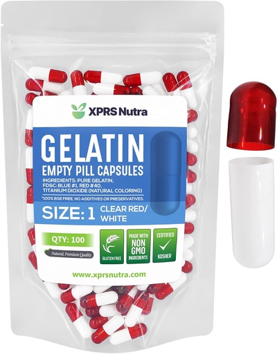 [BRSWYZLQOIJQO23H] XPRS Nutra Size 1 Empty Capsules - 100 Conde Empty Gelatin Capsules - Pill DIY Capsule Filling - Pure Bovine Pill Gel Caps for Do-It-youself Supplements (Clear Red/White)