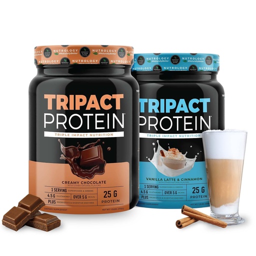 [BRSROFI6PMNAMFI4] Nutrology TRIPACT Protein - Premium Nutrition Shake - Non-GMO Grass Fed Whey Protein,Plant Proteins,Greens,Superfoods & Probiotics - 5g BCAAs - Creamy Chocolate & VanillaLatte w/Cinnamon 1.5lb Each