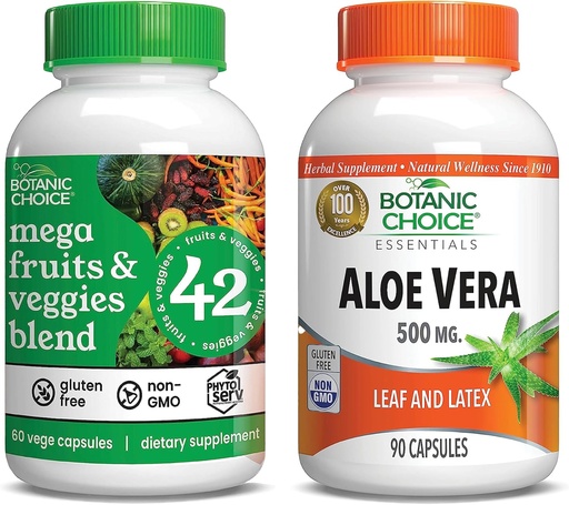 [BRSROEAFOIPAMCI7] Botanic Choice Mega Fruits and Veggies Blend (60 capsule) + Aloe Vera (90 capsule) Bundle - Energy Balance & Superfood Supplement + Digestive Health Support
