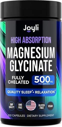 [BRSROBAYCUIWA23A] Magnezyum Glycinate 500MG - Uyku için - Yüksek Abvitamin Chelated Mag Supplement - Glicinato De Magnesio 400 mg + 100 mg - Çocuklar için 200 Vegan Capsules