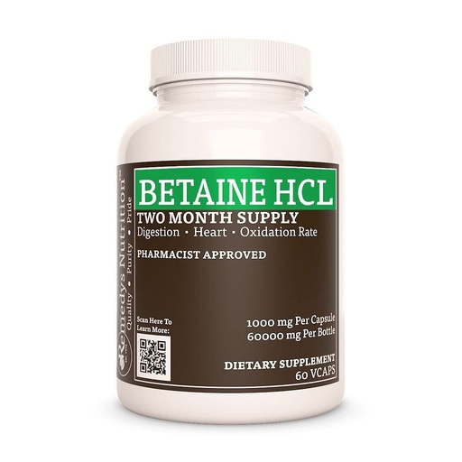 [BRSW22YKBV6AY3TP] Remedy’s Nutrition Betaine HCL (Hydrochloride) | 1,000 mg, 60 Capsules Dietary Supplement | Two Month Supply | Also Contains Calcium Carbonate, Papain & Bromelain