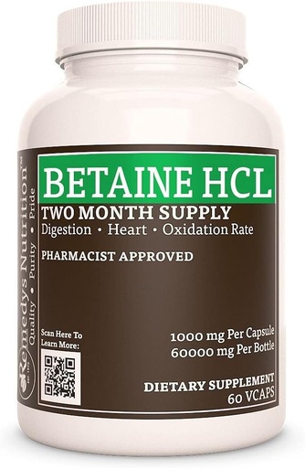 [BRSW22YKBV6AY3TP] Remedy’s Nutrition Betaine HCL (Hydrochloride) | 1,000 mg, 60 Capsules Dietary Supplement | Two Month Supply | Also Contains Calcium Carbonate, Papain & Bromelain