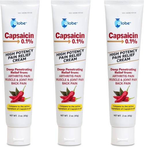 [BRSW2CY7CAHQIDTO] Globe (3 Pack) Capsaicin 0,1% High Potency Pain Relief Cream, Unscented (2 oz) Deep Penetrating Relief från: Artrit, Muscle, Joint och Back Pain