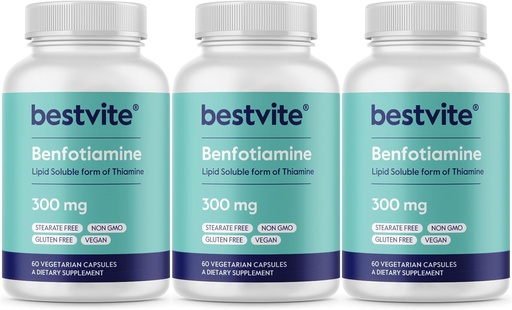 [BRSWGHT4AR7WK23P] Benfotiamine 300mg (180 Vegetarian Capsules) (60x3) No Stearates - No Silicon Dioxide - Vegan - Non GMO - Gluten Free
