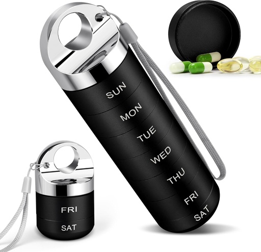 [BRSRAEAQB4GW2DTZ] TaroKitc Metal Weekly Pill Organizer, Stylish Aluminum Alloy Travel Pill Box, Portable Waterproof Daily Pill Case, 7 Day Medicine Holder with Large Compartment for Vitamin, Fish Oil, Supplement(Black)