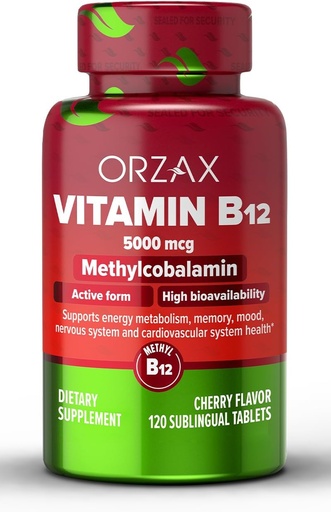[BRSROHARDEFAEYDO] ORZAX Witamina B12 5000 µg Metylokobalamina dla pamięci, nastrojów, Funkcje krwi, sercowo-naczyniowe i suplement energetyczny - Cherry Flavored - Vegan & Non-GMO - 120 Tabletki podjęzykowe - 120 Day Supply