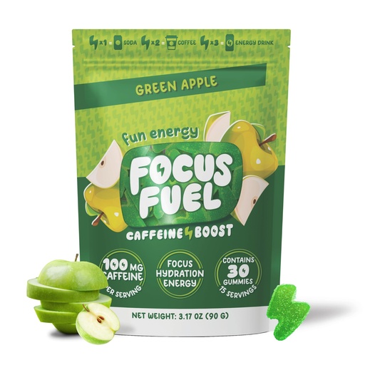 [BRSRAGDYCMHGKFLV] FocusFuel Energy Chews – Green Apple Flavor (15 Servings) – 100mg Caffeine + B12, Magnesium, Alpha GPC – Boost Focus & Energy – No Crash or Jitters